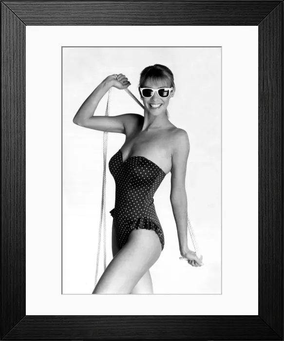 Framed Print : Model posing in a navy and white polkadot strapless swimsuit from Marks and Spencers (17 Framed Print : Model posing in a navy and white polkadot strapless swimsuit from Marks and Spencers (17