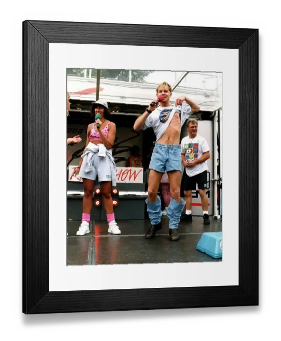 Framed Print : Jason Donovan on Radio 1 roadshow Balloch Park jeans having been cut off into shorts