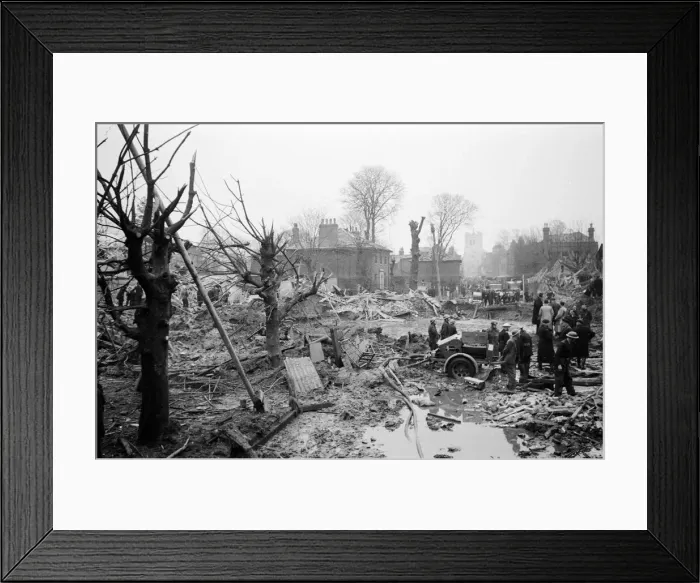 Framed Print : V2 Rocket incident at Waltham Abbey. Fractured water and gas mains 7th March 1945 Framed Print : V2 Rocket incident at Waltham Abbey. Fractured water and gas mains 7th March 1945