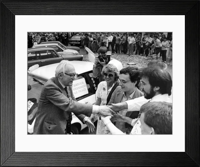 Framed Print : Michael Foot shaking hands with supporters during the walkabout Framed Print : Michael Foot shaking hands with supporters during the walkabout