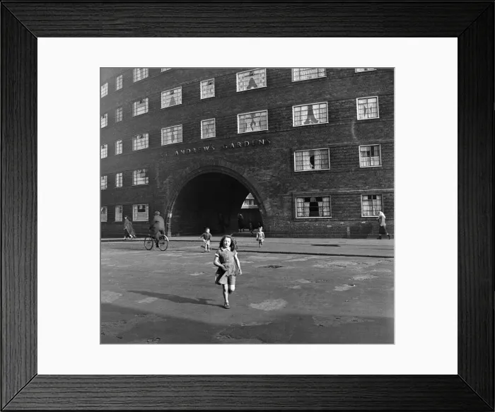 Framed Print : Views of Liverpool, 13th May 1954. Young girl outside St Andrews Gardens housing Framed Print : Views of Liverpool, 13th May 1954. Young girl outside St Andrews Gardens housing