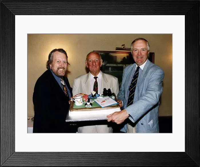 Framed Print : Brian Johnston Radio cricket commentator receives an 80th birthday cake from cricket fans