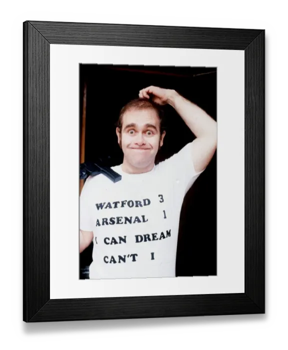Framed Print : Elton John singer scratching head Watfor 3 Arsenal 1 t shirt I can dream can t I