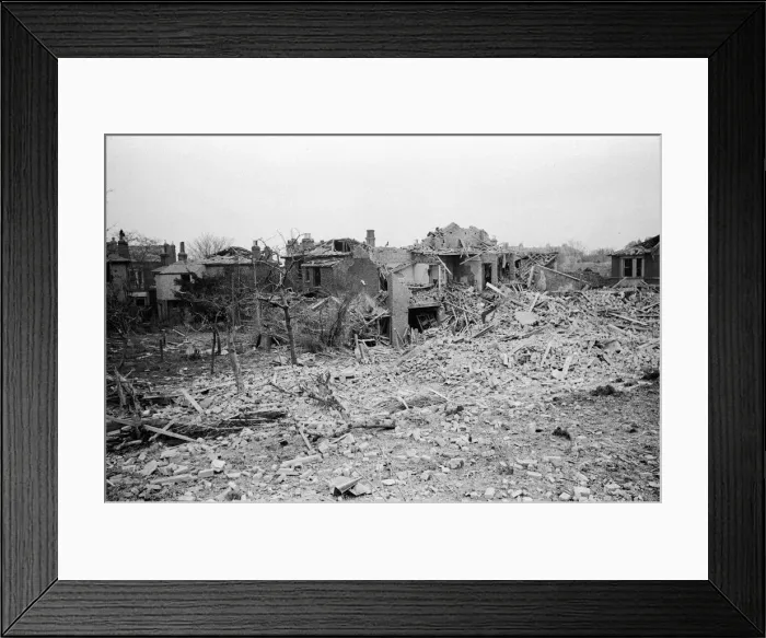 Framed Print : V2 Rocket incident near Herbert Road, Woolwich. OPS Flattened houses Framed Print : V2 Rocket incident near Herbert Road, Woolwich. OPS Flattened houses