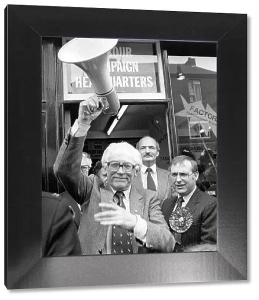 Michael Foot with John Haynes speaks to supporters. Labour Party leader