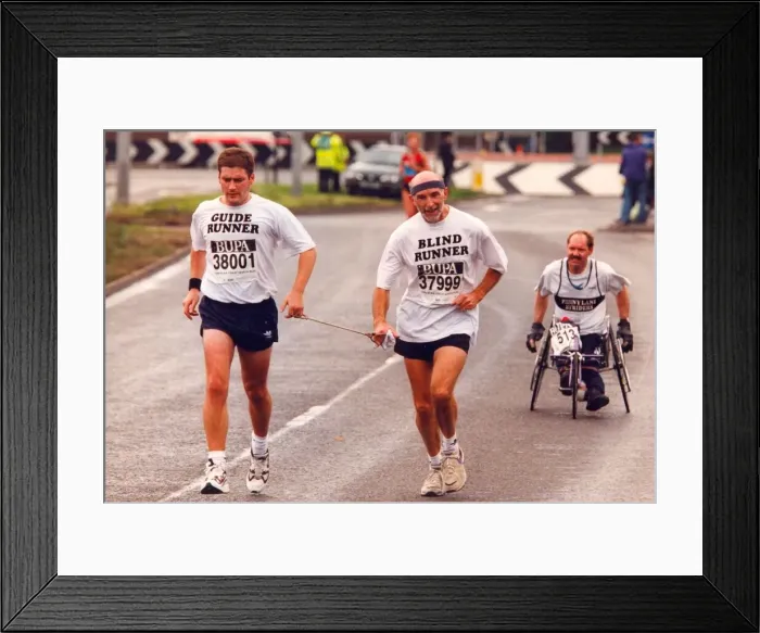 Framed Print : The Great North Run 4 October 1998 - A blind runner with his guide Framed Print : The Great North Run 4 October 1998 - A blind runner with his guide
