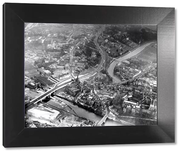 An aerial picture of the city of Durham showing the new Milborngate Bridge 20 April 1967