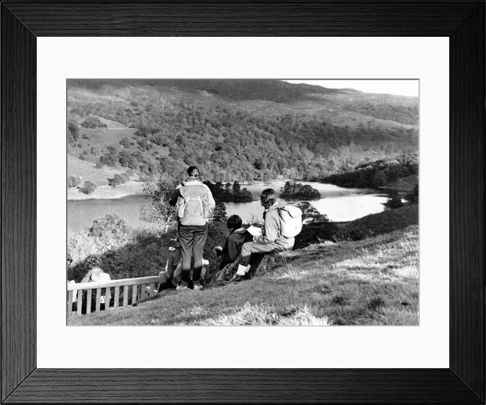 Framed Print : Lake District - Grasmere - A hiking party looks down towards Grasmere Lake 2 November