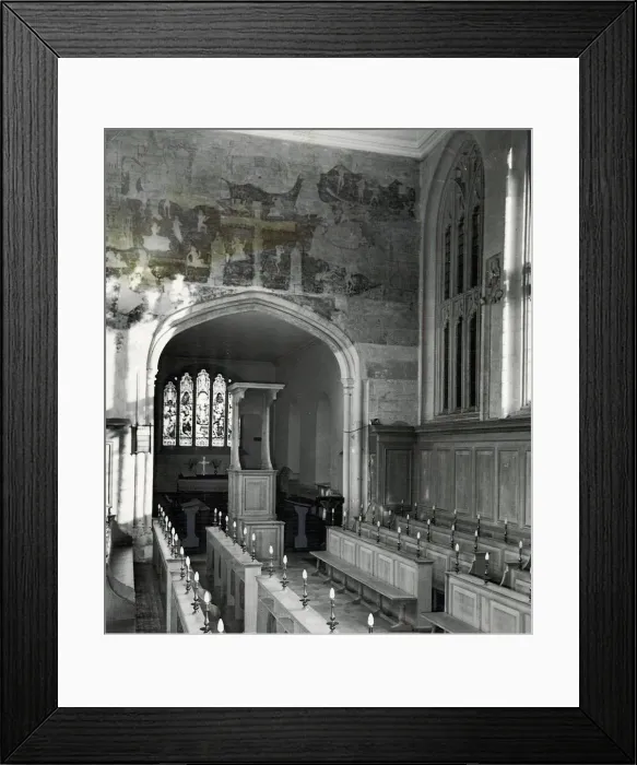 Framed Print : The nave at Stratford Guild Chapel in its restored state with oak benches running Framed Print : The nave at Stratford Guild Chapel in its restored state with oak benches running