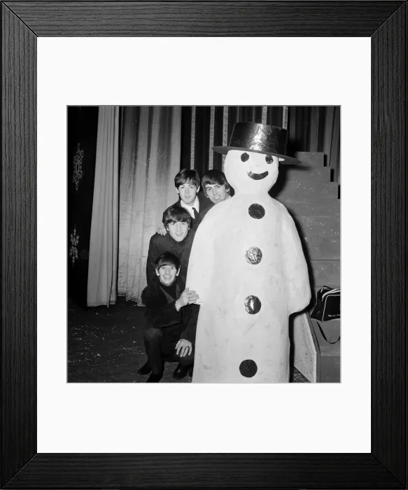 Framed Print : The Beatles at Finsbury Park Astoria, posing next to a snowman Framed Print : The Beatles at Finsbury Park Astoria, posing next to a snowman