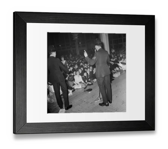 Framed Print : Police on stage before Beatles concert at the Pavillion Dance Hall in Buxton Framed Print : Police on stage before Beatles concert at the Pavillion Dance Hall in Buxton