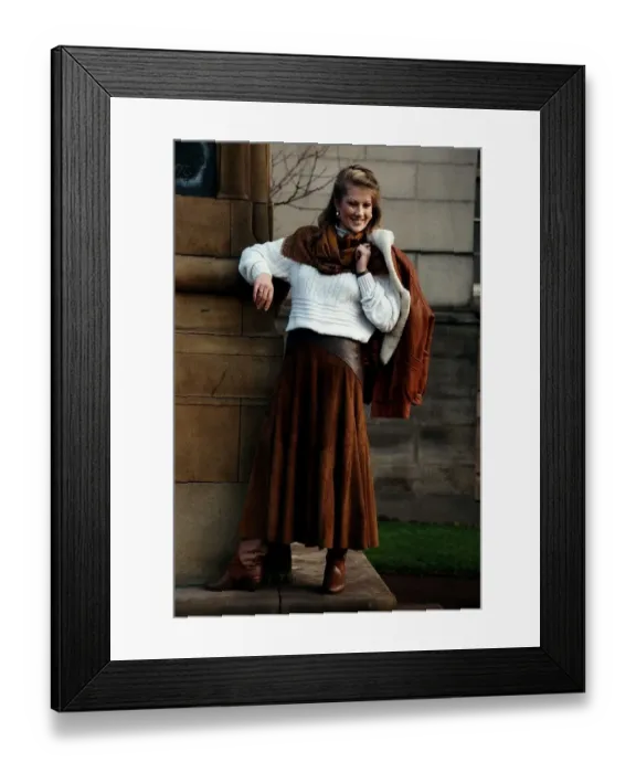 Framed Print : Tracy Childs wearing Long Suede Skirt with White Jumper Leather Jacket