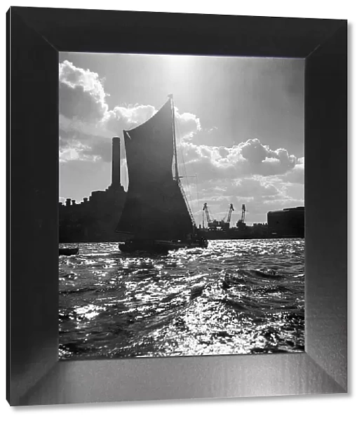 London Scenes Places 1945-1950 - Ships  /  Boats sail past Battersea Power Station