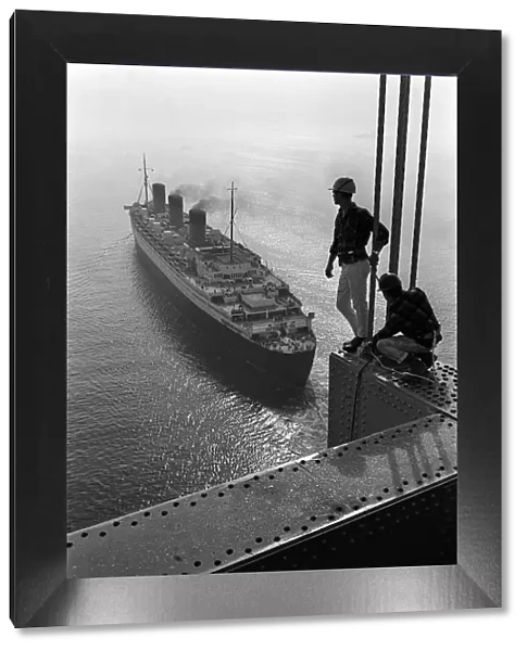 R. M.s Queen Mary - October 1964, passes under New York Bridge - watched by workmen