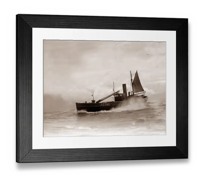 Framed Print : A Lowestoft Herring boat ploughing through a moderate swell in the North Sea. Circa 1935 Framed Print : A Lowestoft Herring boat ploughing through a moderate swell in the North Sea. Circa 1935