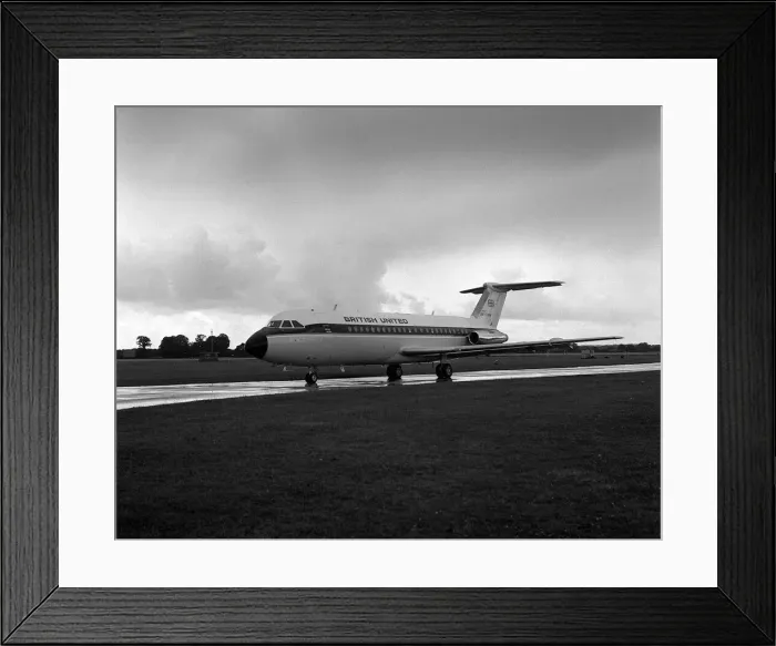 Framed Print : Aircraft BAC 1-11 in the colours of British United at Hurn airport. Aug 1963 Framed Print : Aircraft BAC 1-11 in the colours of British United at Hurn airport. Aug 1963