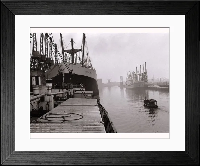 Framed Print : Ships unloading in the docks at Manchester seen through the mist May 1967
