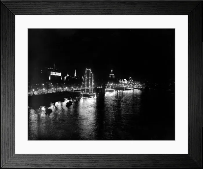 Framed Print : London by night - Boats illuminated by night along the River Thames 1951 Framed Print : London by night - Boats illuminated by night along the River Thames 1951