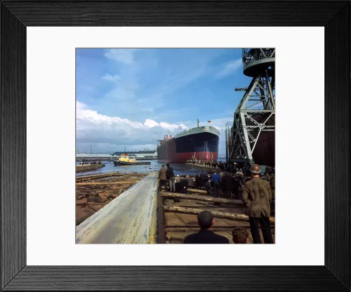 Framed Print : Giant Oil Tanker Myrina launched at Belfast watched by the dock workers. September 1967 Framed Print : Giant Oil Tanker Myrina launched at Belfast watched by the dock workers. September 1967