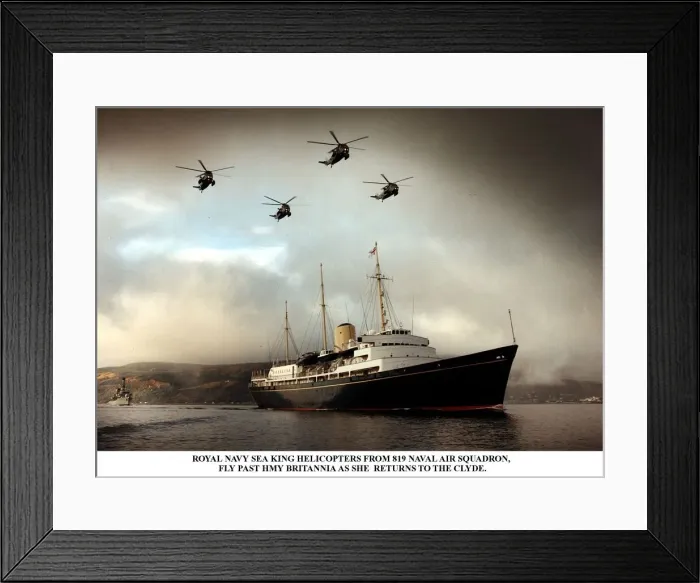 Framed Print : Royal Yacht Britannia accompanied by four Royal Navy Sea King Helicopters as it sails up Framed Print : Royal Yacht Britannia accompanied by four Royal Navy Sea King Helicopters as it sails up