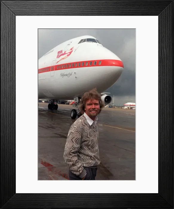 Framed Print : Richard Branson standing in front of one of his Virgin Airways Boeing 747 jumbo jet