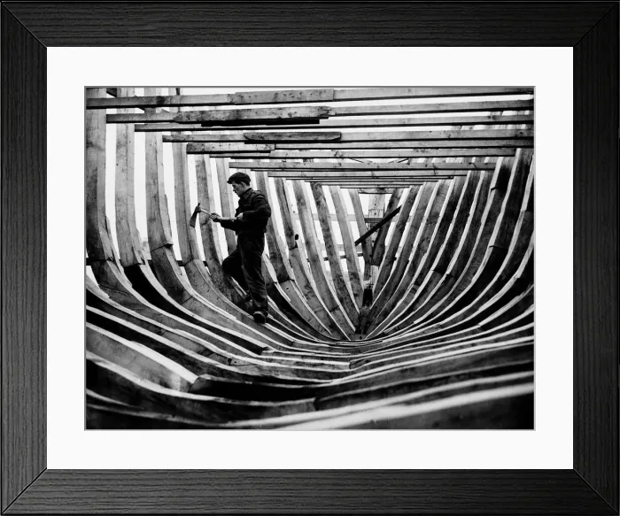 Framed Print : Boat building at Girvan Ayrshire December 1947 Andrew Ollason works with his axe Framed Print : Boat building at Girvan Ayrshire December 1947 Andrew Ollason works with his axe