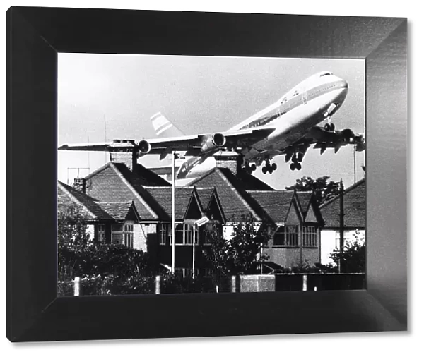 1971 EL AL Boeing 747 taking off over roof tops near London Heathrow Airport