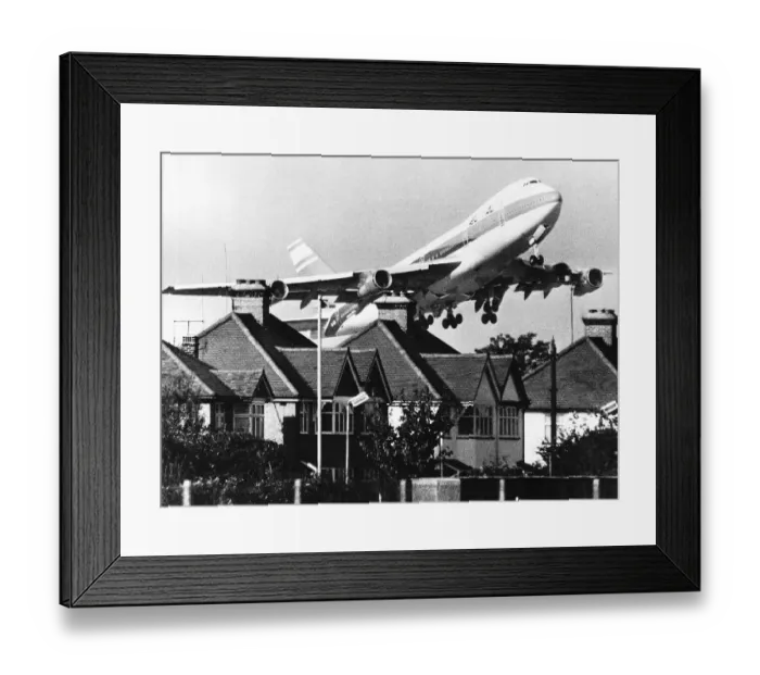 Framed Print : 1971 EL AL Boeing 747 taking off over roof tops near London Heathrow Airport