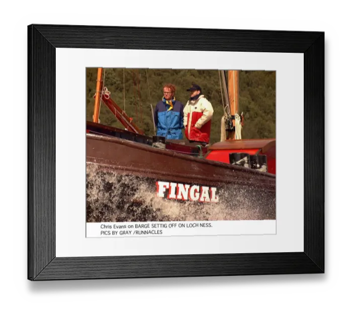 Framed Print : Chris Evans Radio one dj and tv presenter on a barge with a unknown male on Loch Ness Framed Print : Chris Evans Radio one dj and tv presenter on a barge with a unknown male on Loch Ness
