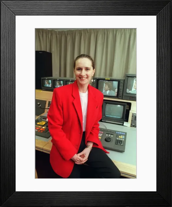 Framed Print : Eilleen Gallagher TV presenter sitting on desk in control room studio STV Scottish Framed Print : Eilleen Gallagher TV presenter sitting on desk in control room studio STV Scottish