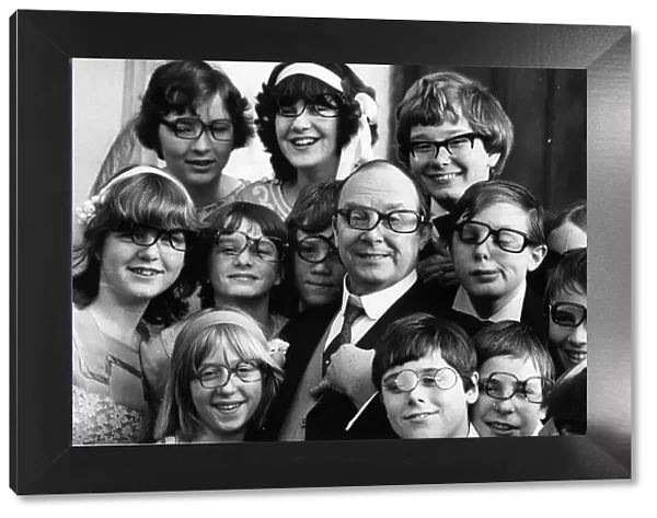 Eric Morecambe comedian with kids on filming set 1979 for Anglia TV programme