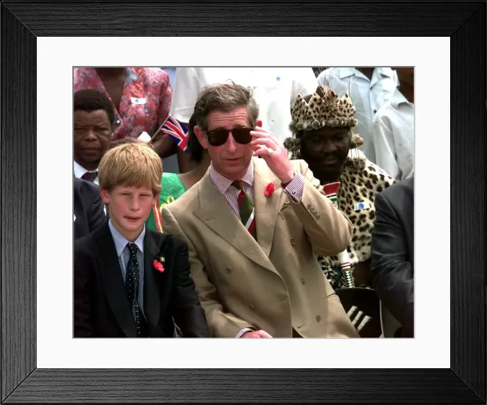 Framed Print : Prince Charles visits South Africa, November 1997 With son Prince Harry watching Zulu