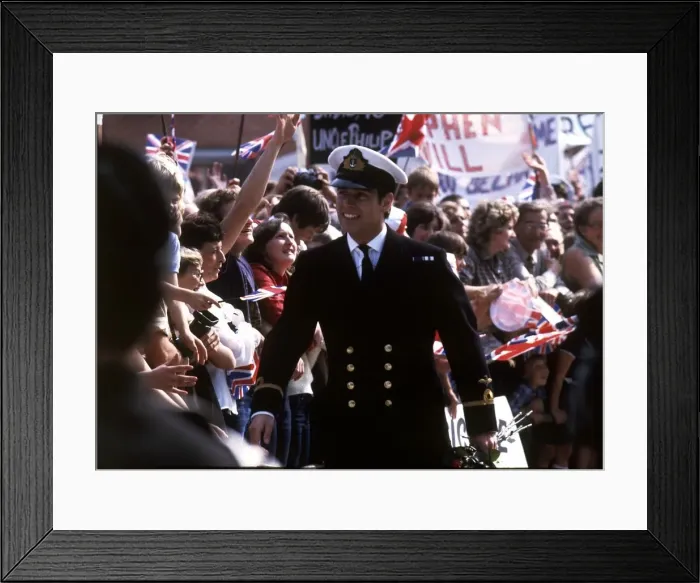 Framed Print : Prince Andrew returns from Falklands at Portsmouth after HMS Invincible docks 1982 Framed Print : Prince Andrew returns from Falklands at Portsmouth after HMS Invincible docks 1982