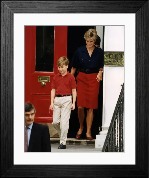 Framed Print : Prince William leaving Wetherby School followed by mother Princess Diana after having Framed Print : Prince William leaving Wetherby School followed by mother Princess Diana after having
