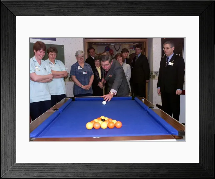 Framed Print : Prince Charles plays pool as he visits North Derbyshire Hospital in Calow February Framed Print : Prince Charles plays pool as he visits North Derbyshire Hospital in Calow February