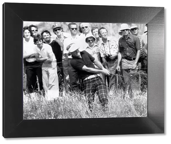 British Open 1976. Johnny Miller thrashes his way out the rough on the 13th during