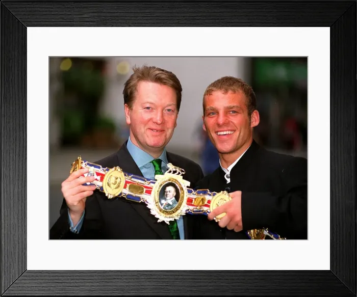 Framed Print : Frank Warren boxing promoter with British champion Ryan Rhodes announcing plans for Framed Print : Frank Warren boxing promoter with British champion Ryan Rhodes announcing plans for