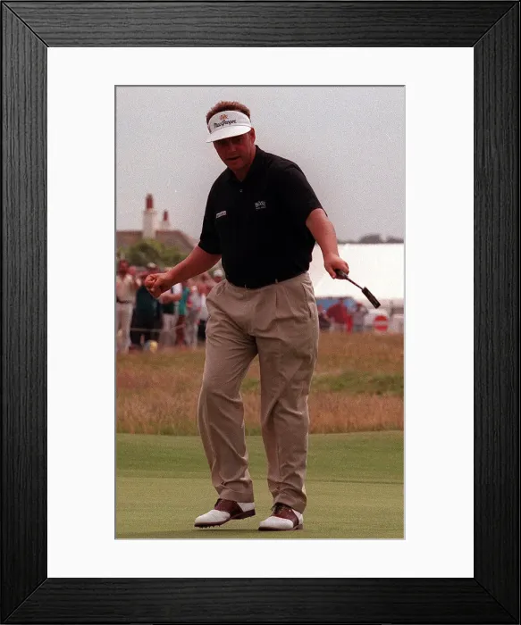 Framed Print : Darren Clarke at the Open Golf Championship Troon July 1997 Celebrating his birdie