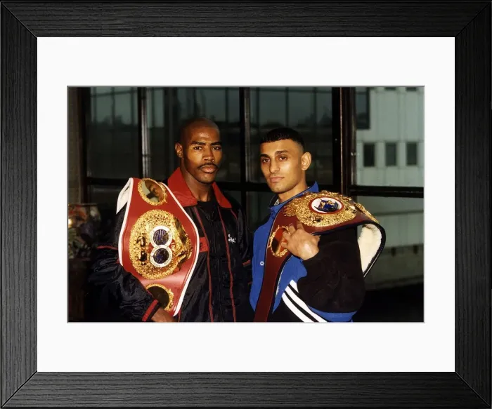 Framed Print : Tom Johnson boxer and Prince Naseem boxing with awards belts Framed Print : Tom Johnson boxer and Prince Naseem boxing with awards belts