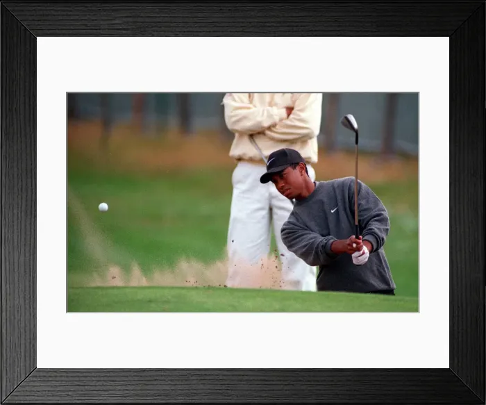 Framed Print : Tiger Woods practises for Open Golf Championship July 1997 playing his way out of a