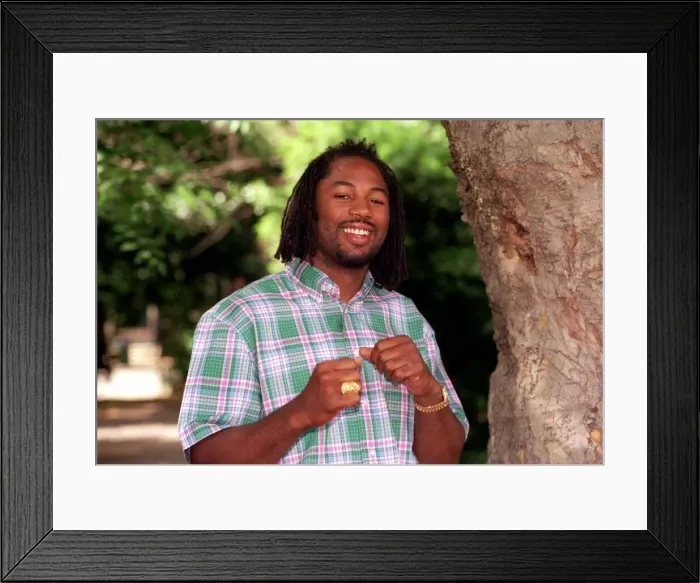 Framed Print : Lennox Lewis World Boxing champion June 1998 after hearing the news he had received Framed Print : Lennox Lewis World Boxing champion June 1998 after hearing the news he had received