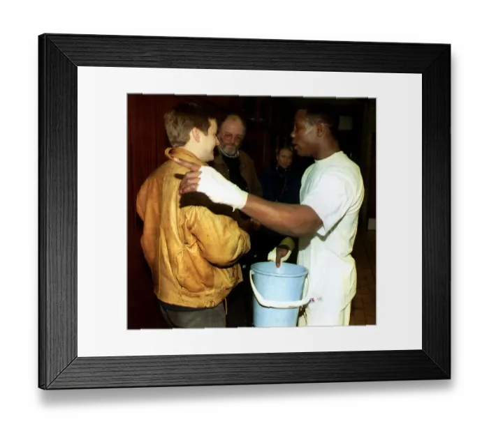 Framed Print : Chris Eubank Boxing takes donations from TV crew for his Moss Side Schools Fund Framed Print : Chris Eubank Boxing takes donations from TV crew for his Moss Side Schools Fund