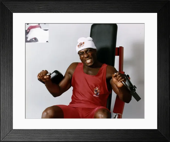 Framed Print : Frank Bruno boxer on exercise machine Framed Print : Frank Bruno boxer on exercise machine