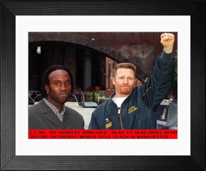 Framed Print : Nigel Benn with Steve Collins before their world title clash in Manchester Framed Print : Nigel Benn with Steve Collins before their world title clash in Manchester