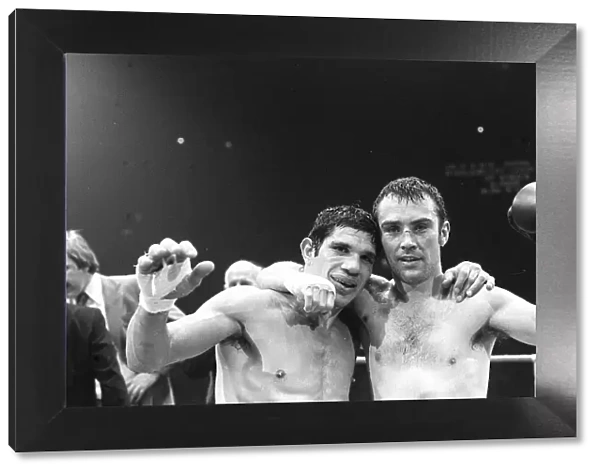 Alan Minter with Gratien Tonna after winning fight 1978 at Wembley puts arms around
