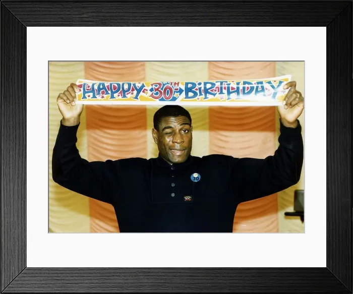 Framed Print : Frank Bruno boxer holding happy birthday poster above head Framed Print : Frank Bruno boxer holding happy birthday poster above head