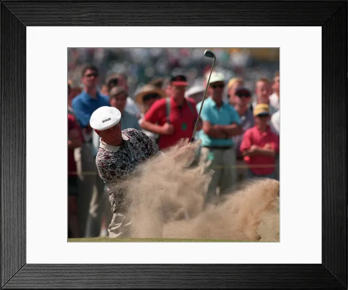 Framed Print : Mason Golfer gets out of the bunker on his second attempton the 17th during the second Framed Print : Mason Golfer gets out of the bunker on his second attempton the 17th during the second