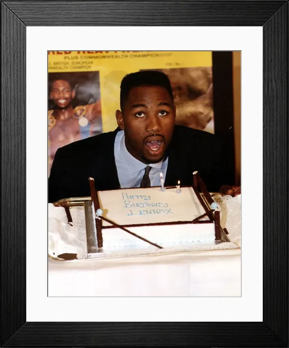 Framed Print : Lennox Lewis Boxer with his Birthday cake during a press conference for the upcoming Framed Print : Lennox Lewis Boxer with his Birthday cake during a press conference for the upcoming