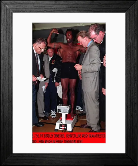 Framed Print : Nigel Benn during weigh in before fight with Steve Collins in Manchester Framed Print : Nigel Benn during weigh in before fight with Steve Collins in Manchester