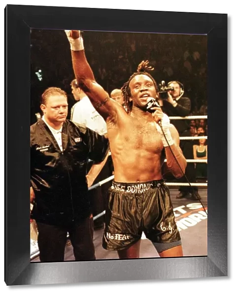 Nigel Benn addresses the crowd after loosing in WBO middleweight fight with Steve Collins